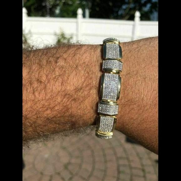 Mens Custom Bracelet 14k Yellow Gold Plated Solid 925 Silver Simulated Diamonds - Picture 3 of 10
